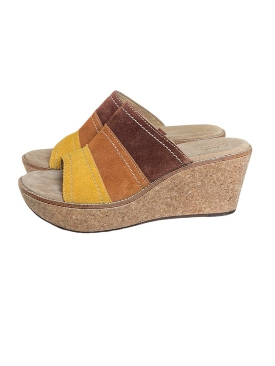 Clark’s 8.5 Aisley Lily Brown Orange Yellow Open Toe Wedge Sandals main image 1